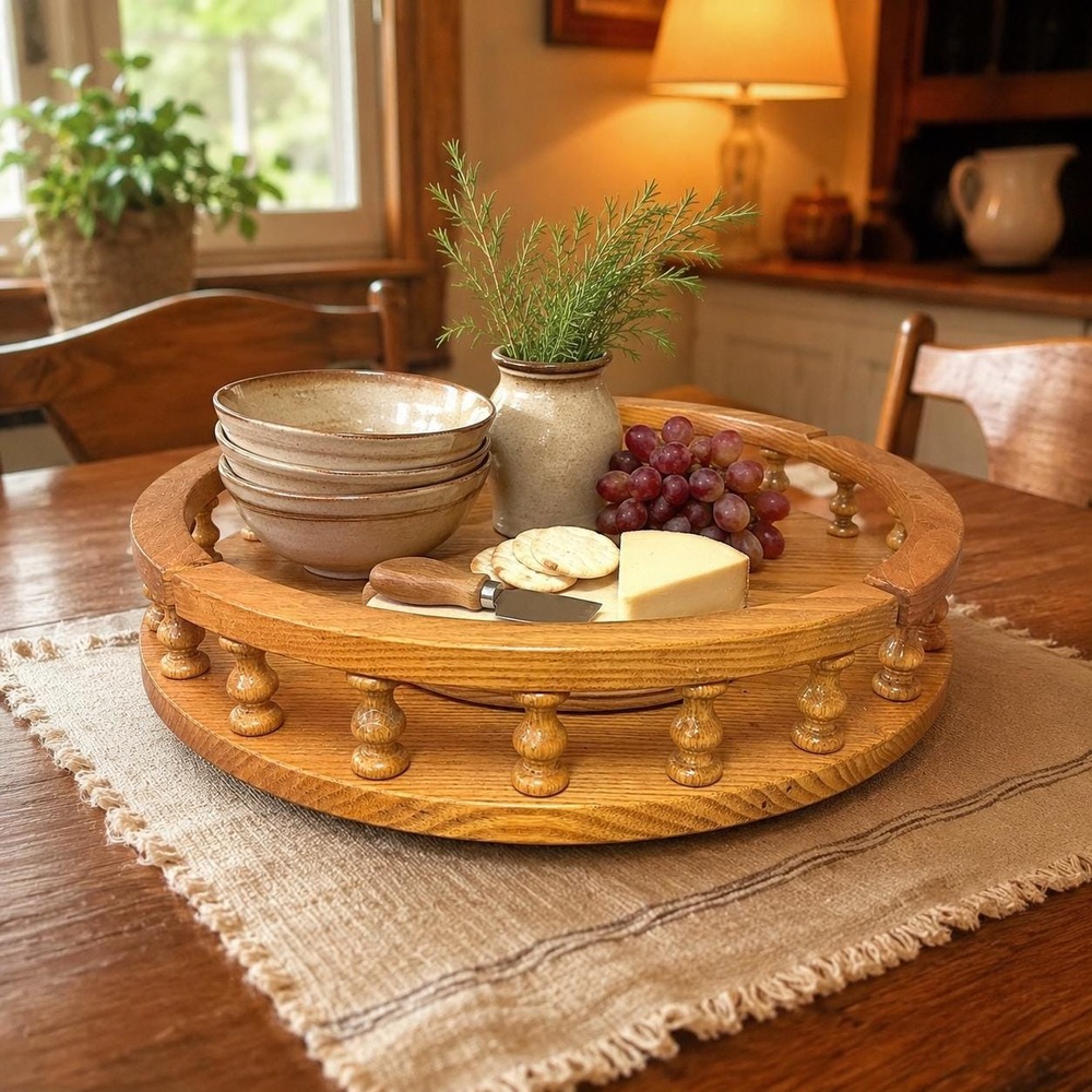Solid Oak Lazy Susan Turntable 15" Handcrafted Wood Serving Tray Spindle Rail